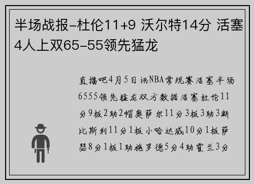 半场战报-杜伦11+9 沃尔特14分 活塞4人上双65-55领先猛龙