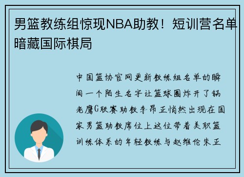 男篮教练组惊现NBA助教！短训营名单暗藏国际棋局