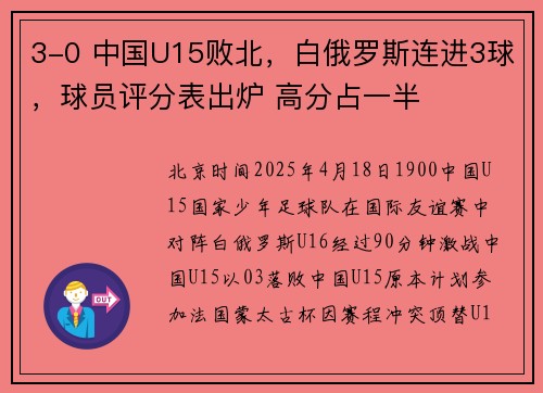 3-0 中国U15败北，白俄罗斯连进3球，球员评分表出炉 高分占一半