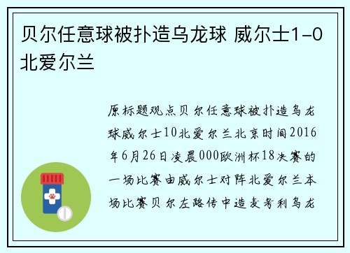 贝尔任意球被扑造乌龙球 威尔士1-0北爱尔兰