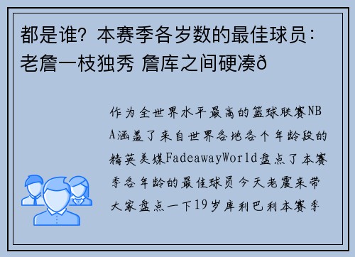 都是谁？本赛季各岁数的最佳球员：老詹一枝独秀 詹库之间硬凑😜